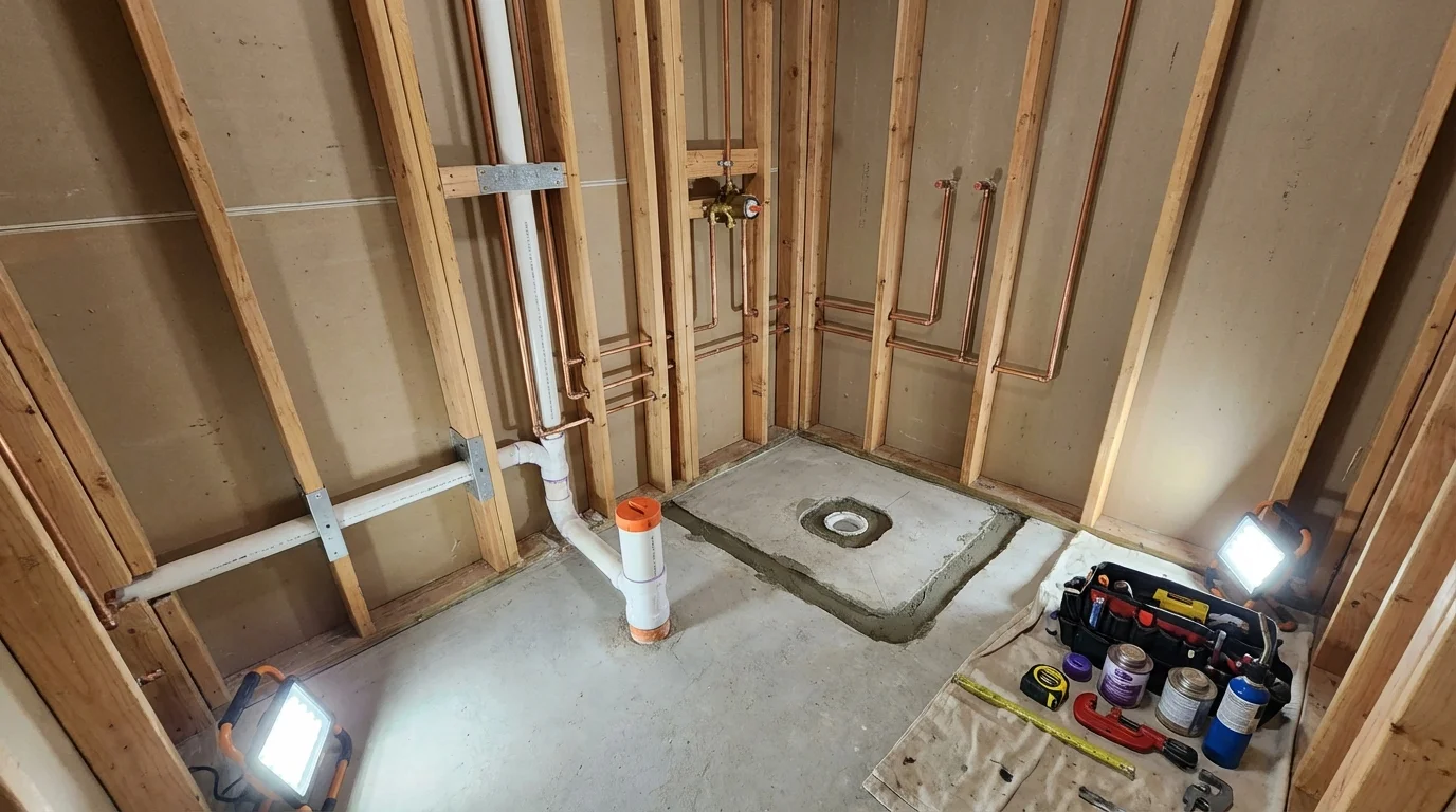 Bathroom rough-in plumbing during remodel by Johns Plumbing LLC in Coalinga