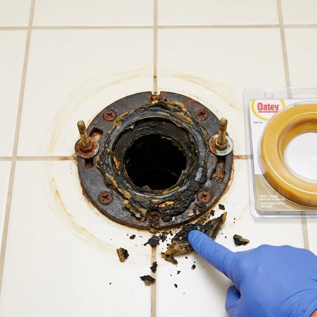 Failed wax ring showing water seepage at the base of a toilet in a Coalinga, CA home