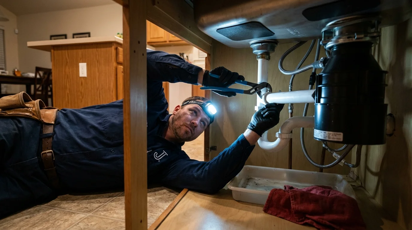 P-trap and supply line connections under a kitchen sink showing a common leak point in Coalinga, CA